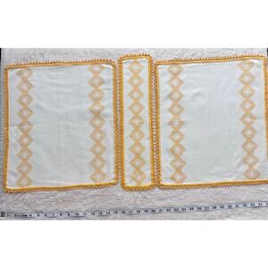 Set of Hand-Embroidered Vintage 1970s Table Linens Goldenrod Yellow White